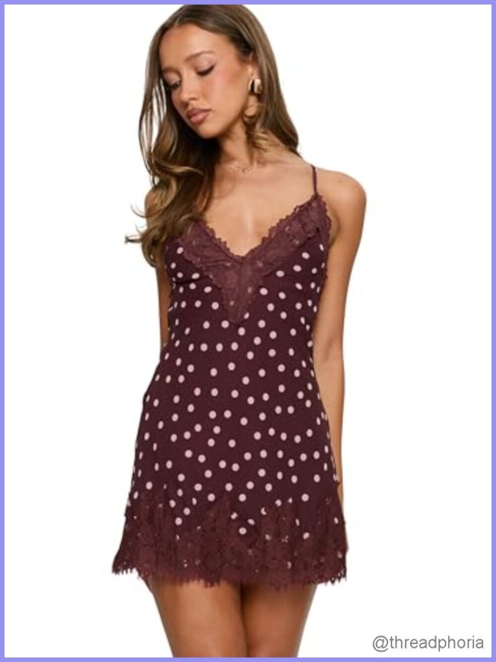 Women's Polka Dot Lace Slip Mini Dress Plunge Neck Pull-On